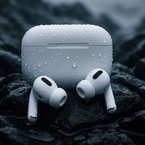 White wireless earbuds with charging case on a rocky surface